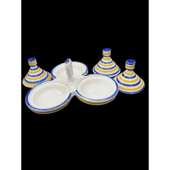 Moroccan Spice Tagine Trio Spice Holder Vintage Handmade Yellow and Blue Ceramic - Picture 3 of 8